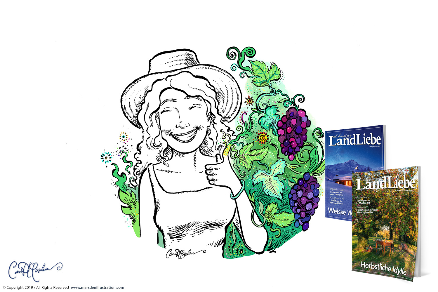 Editorial Illustration für Schweizer LandLiebe mit Frau und Weinreben.