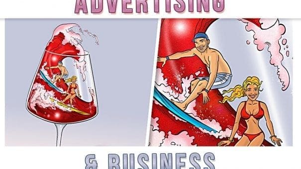 Colorful illustration of a man and woman surfing on waves inside a glass of red liquid, text above.