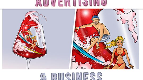 Two people surfing on wine waves inside a glass, with "Advertising & Business" text.