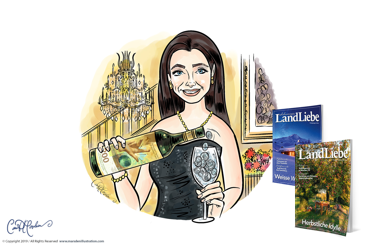 Editorial Illustration für Schweizer LandLiebe mit Frau, Geld und Champagnerglas als visuelle Metapher.