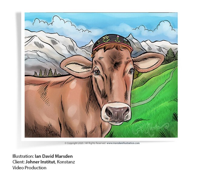 Cow wearing a floral hat in hilly landscape with mountains and blue sky in the background.