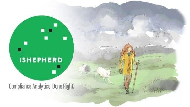 Person in yellow coat with staff walking among sheep; green circle reads "iSHEPHERD".