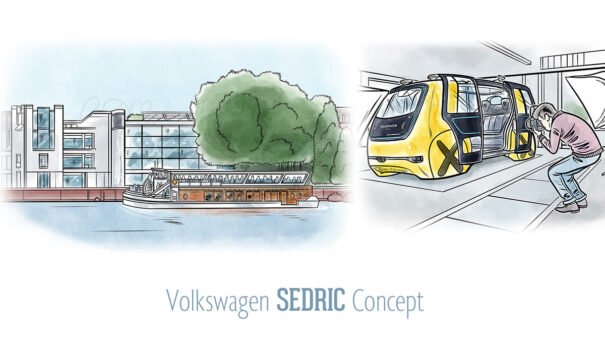 Volkswagen SEDRIC Concept with futuristic vehicle, riverboat, and modern urban environment.