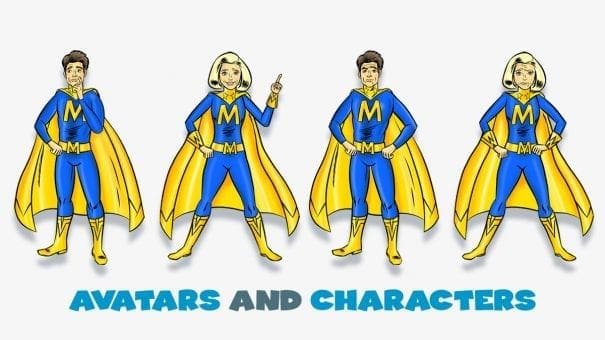 Four blue and yellow costumed superheroes with capes, labeled "Avatars and Characters."