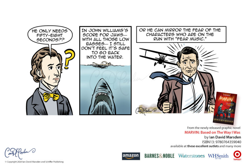 Promotional comic artwork for MARVIN by Ian David Marsden, comparing musical timing to Chopin, John Williams’s Jaws score and Cary Grant fleeing the crop-duster in North by Northwest.
