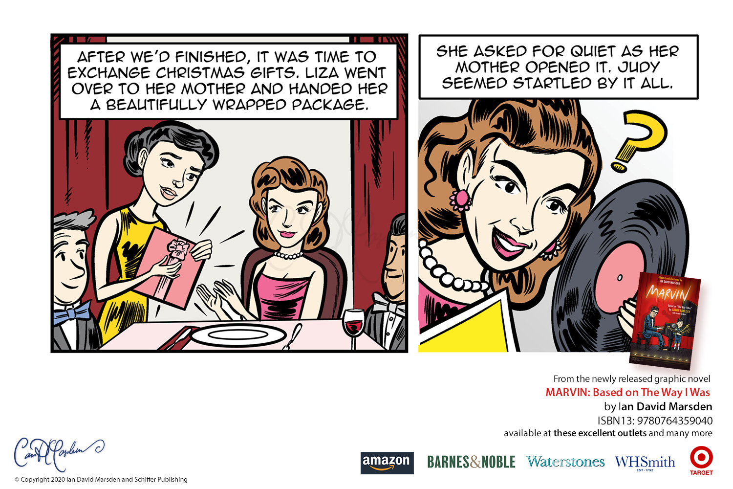 Promotional comic scene from MARVIN by Ian David Marsden showing young Liza Minnelli handing a wrapped Christmas gift to her mother Judy Garland, who opens it with surprise.