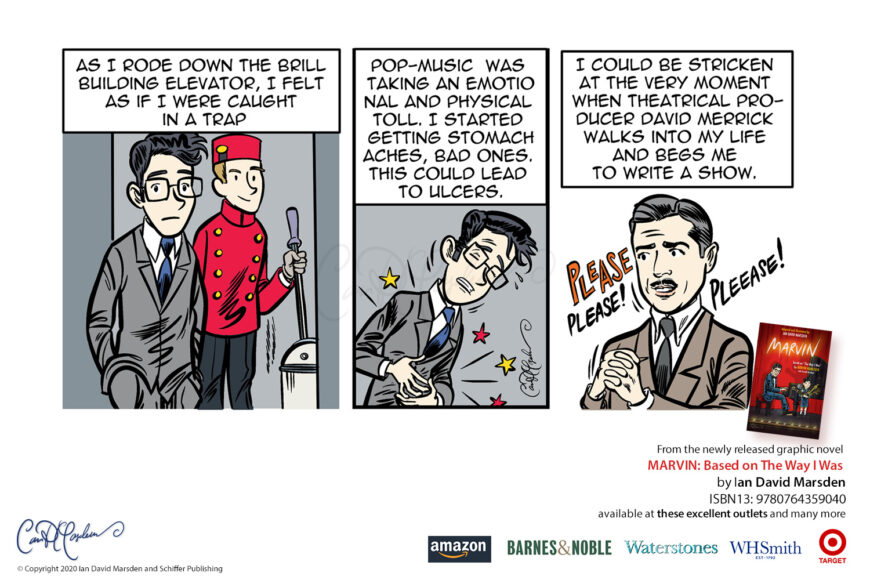 Promotional comic scene from MARVIN by Ian David Marsden showing Marvin Hamlisch leaving a tense office encounter, suffering stomach pain from pop-music stress and theatrical producer David Merrick pleading with him to write a show.