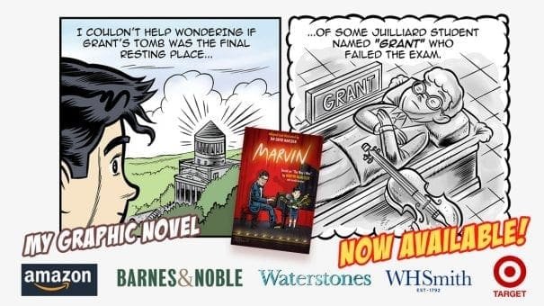 Comic-style graphic promoting the graphic novel "Marvin," now available at multiple retailers.