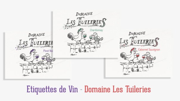 Wine labels from Domaine Les Tuileries with rooster and duck illustrations, Pinot Noir, Chardonnay, Cabernet Sauvignon.