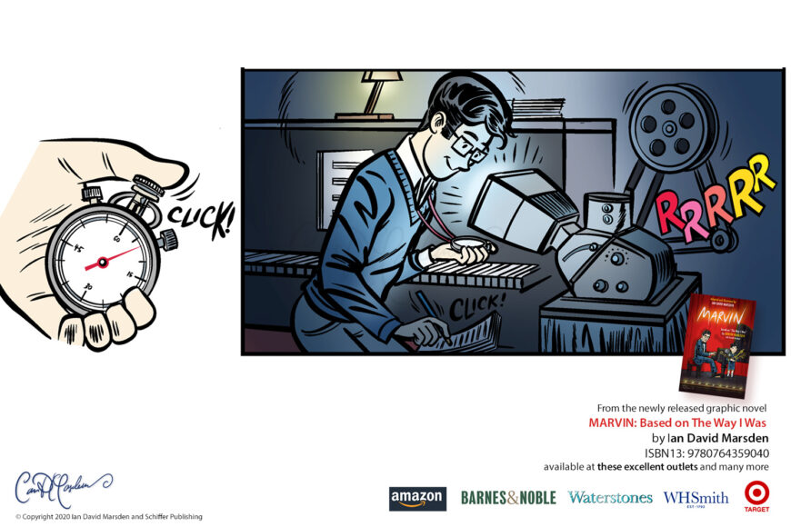 Promotional illustration for MARVIN by Ian David Marsden showing Marvin Hamlisch timing music with a stopwatch while working at a piano and Moviola during an early film-scoring assignment.