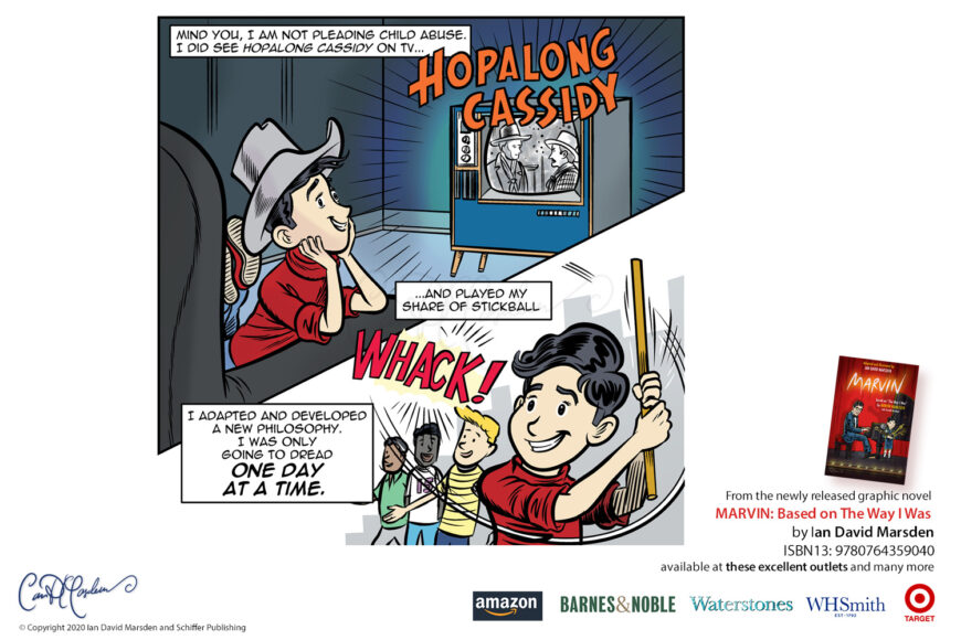 Comic panel from MARVIN by Ian David Marsden showing young Marvin Hamlisch watching Hopalong Cassidy on television and then playing stickball with neighborhood children in New York.