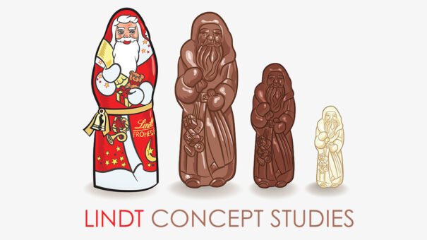 Lindt Santa Claus figures, illustration to chocolate sculptures, "Lindt Concept Studies" text.