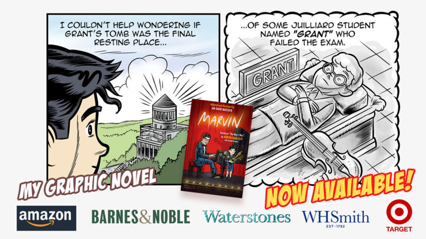 Promotional graphic for MARVIN by Ian David Marsden, combining a comic scene about Grant’s Tomb with the book cover, “Now Available” lettering and retailer logos.