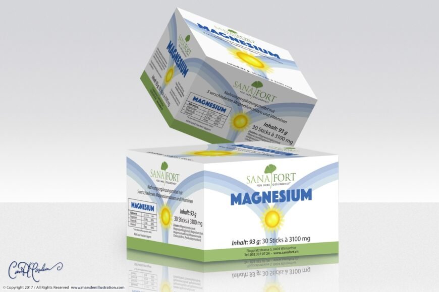 Sanafort magnesium supplement box, 93g, 30 sticks of 3100mg, with vitamins and sun icon.