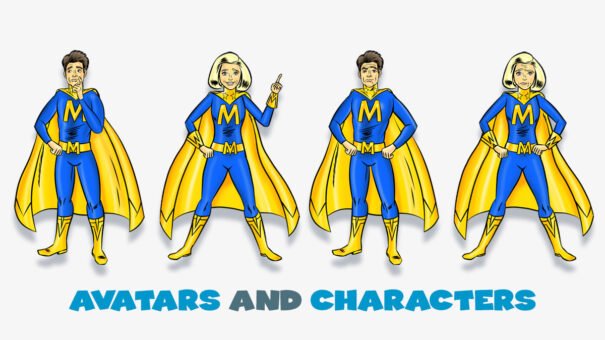 Four superheroes in blue and yellow costumes with "M" emblem, "Avatars and Characters" text.