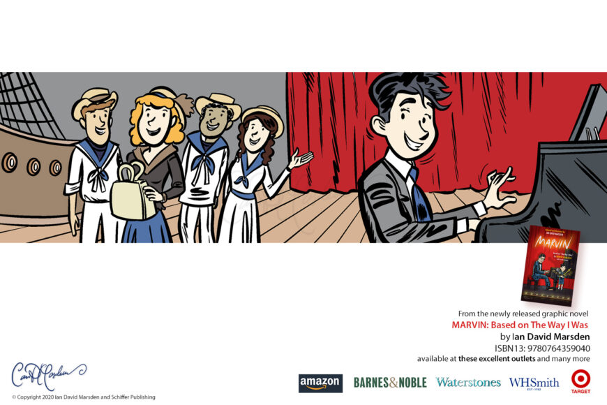 Promotional artwork for MARVIN by Ian David Marsden showing young Marvin Hamlisch playing piano onstage beside costumed singers in a theatrical production, with the graphic novel cover and bookseller logos below.