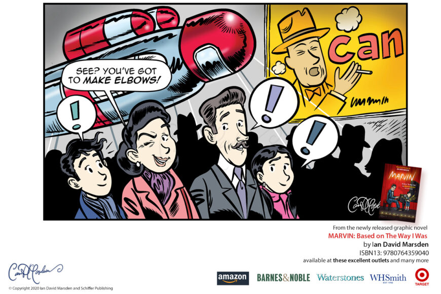 Promotional comic image for MARVIN by Ian David Marsden showing the Hamlisch family watching the Macy’s Thanksgiving Day Parade in New York while a police officer’s instruction to “make elbows” confuses Marvin’s mother.