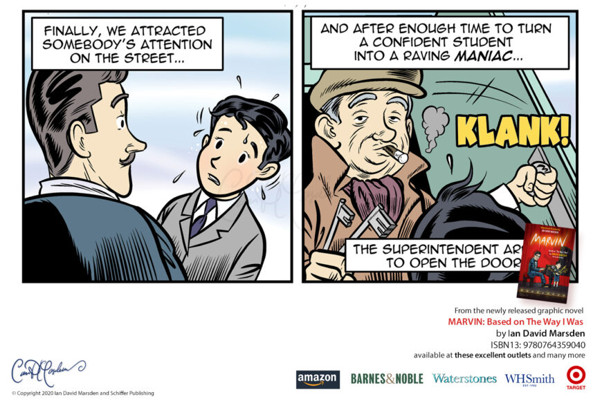 Promotional comic image for MARVIN by Ian David Marsden showing young Marvin Hamlisch locked out on a roof, asking a man below for help and a smoking building superintendent finally opening the door.