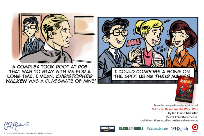 Promotional comic from MARVIN by Ian David Marsden showing young Marvin Hamlisch recalling that Christopher Walken was a classmate and improvising a song for two girls.