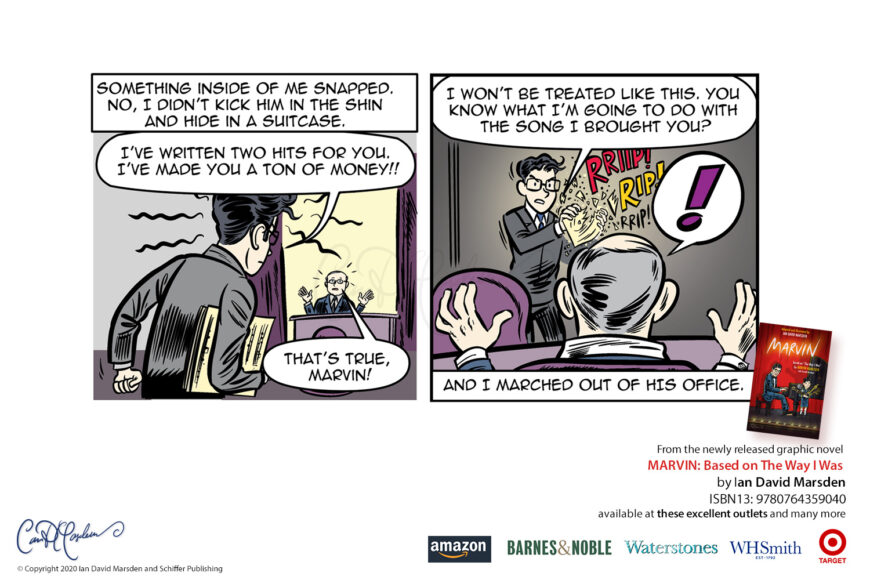 Promotional comic scene from MARVIN by Ian David Marsden showing Marvin Hamlisch confronting a producer, tearing up the song he brought with him and leaving the office in anger.