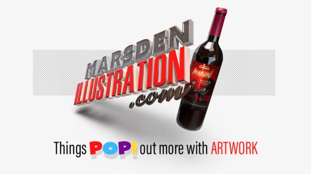 Stylized "MarsdenIllustration.com" logo with wine bottle labeled "Marvin" and colorful text.