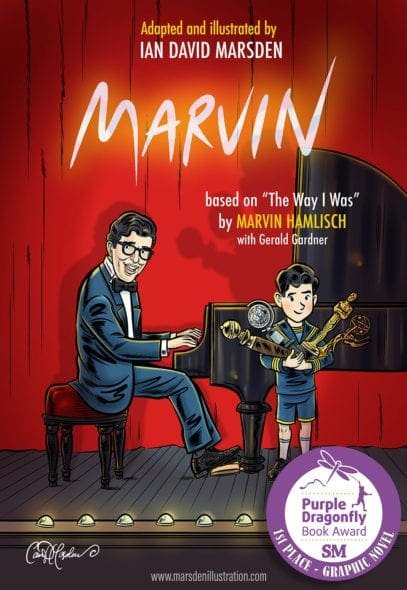 Illustrated book cover for "Marvin" with a pianist and child holding awards, won Purple Dragonfly.