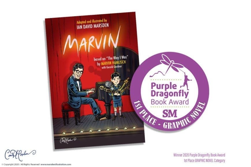 Book cover of "Marvin" with pianist, violinist child, and 2020 Purple Dragonfly Award.