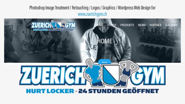 Zuerich Gym promo with logo, gym equipment, "Hurt Locker - 24 Stunden Geöffnet," website link.