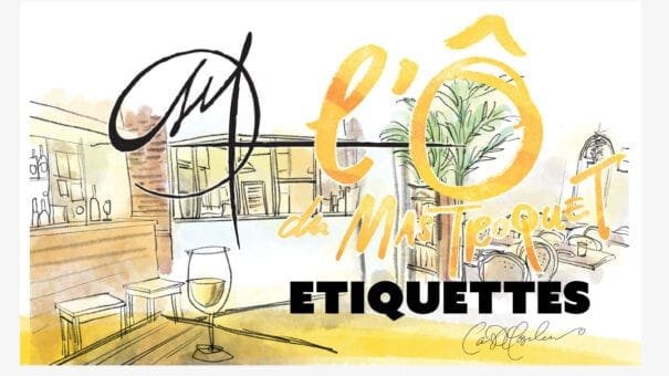 Artistic bar illustration with stools, wine glass, text "l'Ô de Mas Toquet Etiquettes."