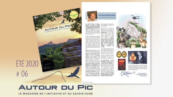 Magazine cover and page of "Autour du Pic," summer 2020, featuring landscape and Ian David Marsden.