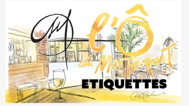 Bar illustration with wine glass, stools, plants, and text "l'Ô de Mas Toquet" and "ETIQUETTES".