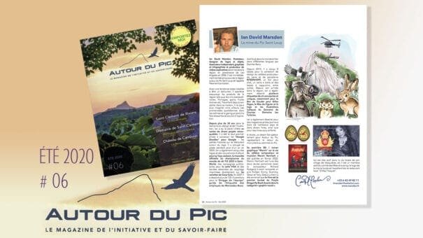 Magazine page featuring Ian David Marsden's article and illustration with wildlife and mountains.