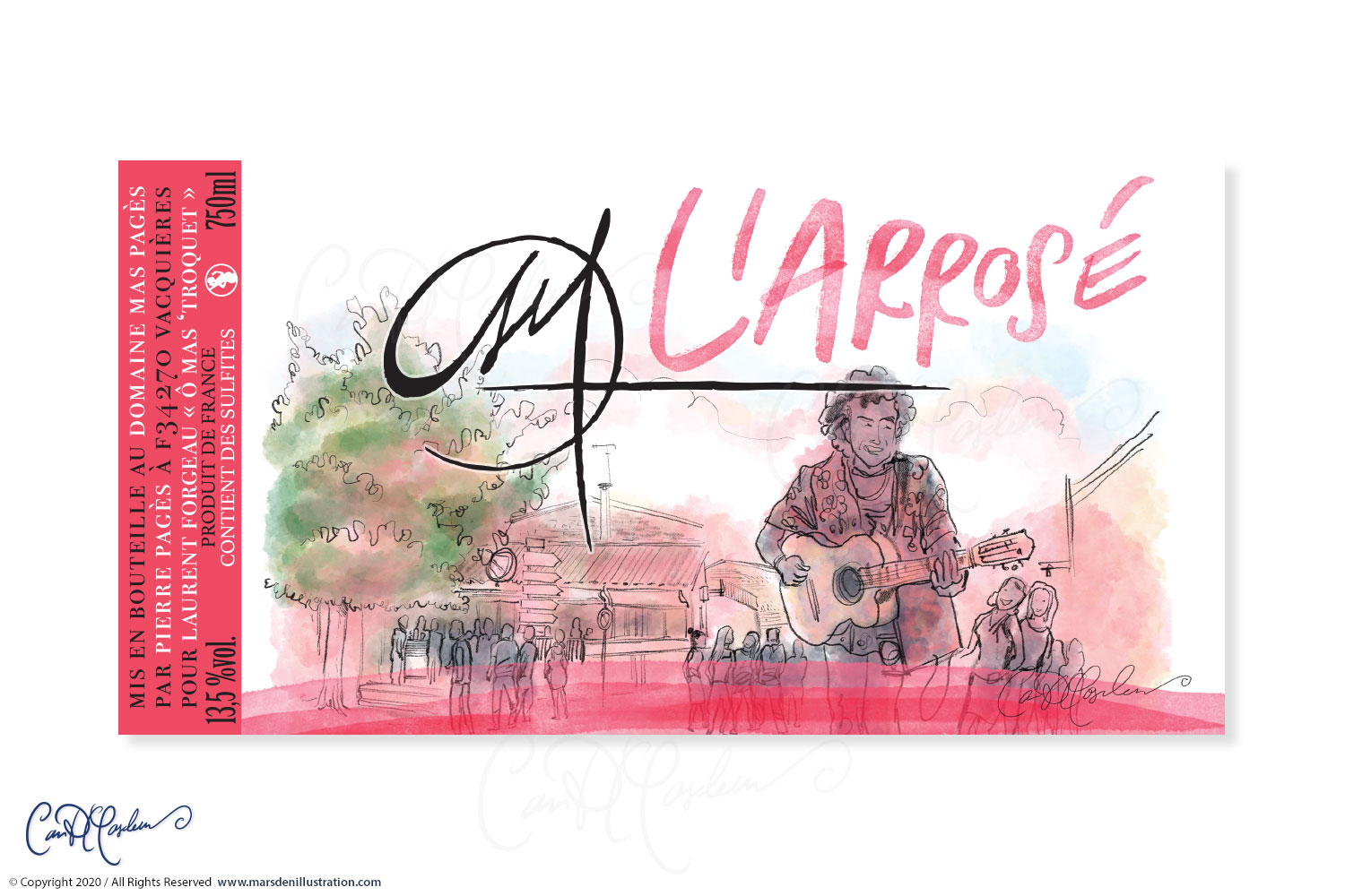 Étiquette de rosé illustrée L’Arrosé avec guitariste, terrasse animée et composition rose dessinée à la main.