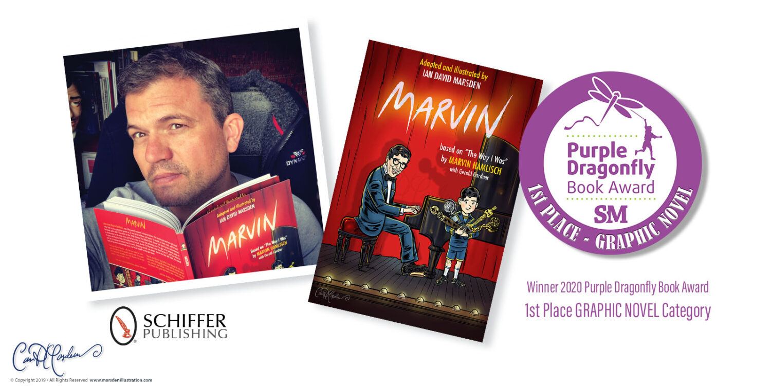 Ian David Marsden holding the published graphic novel MARVIN beside the book cover, Schiffer Publishing logo and Purple Dragonfly Book Award 1st Place Graphic Novel badge.