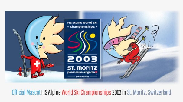 Mascot for 2003 FIS Alpine World Ski Championships, St. Moritz, in red outfit skiing.