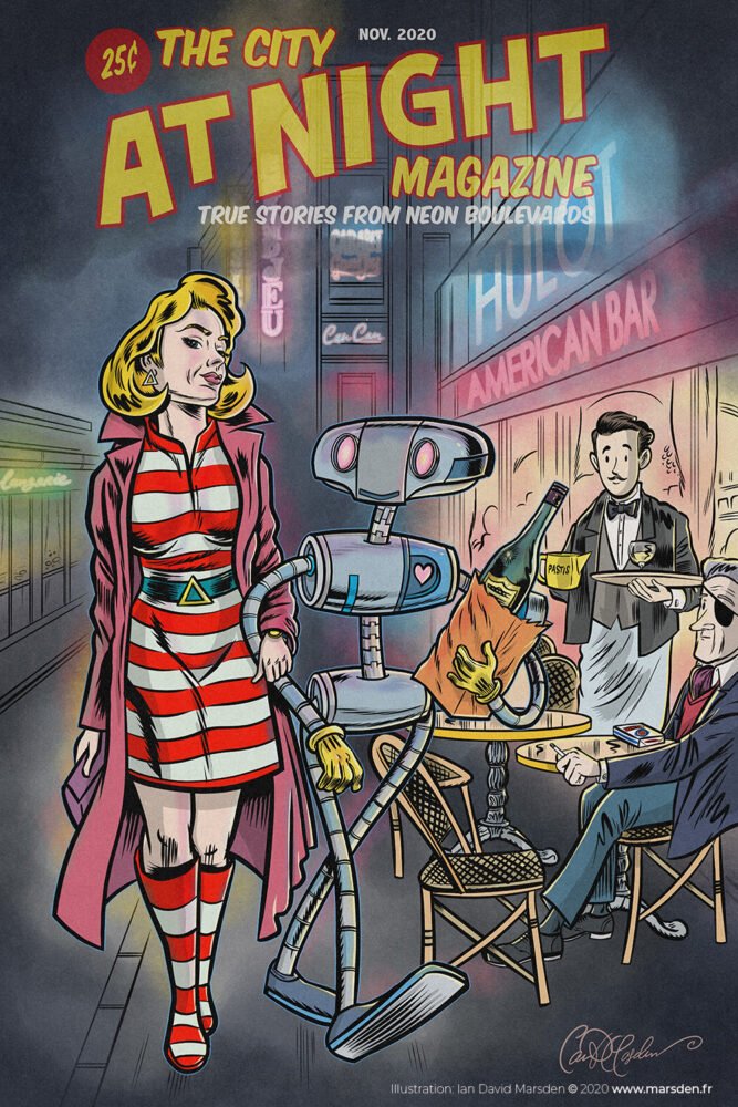 Woman and Robot strolling by a Paris Cafe at night - digital illustration by Ian David Marsden www.marsden.fr