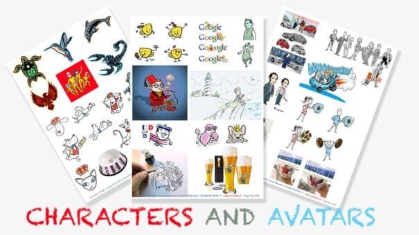 Collage of character and avatar illustrations on three themed sheets, labeled "Characters and Avatars."