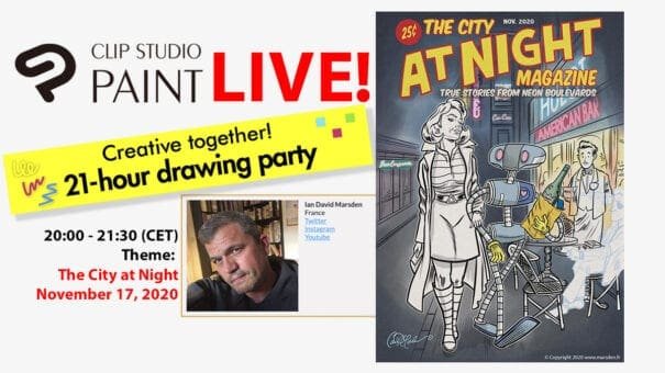 Clip Studio Paint Live event, "The City at Night," featuring noir art by Ian David Marsden.