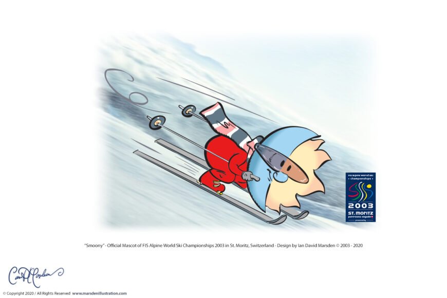 Mascot Smoony skiing, FIS Alpine World Ski Championships 2003, St. Moritz, event logo shown.