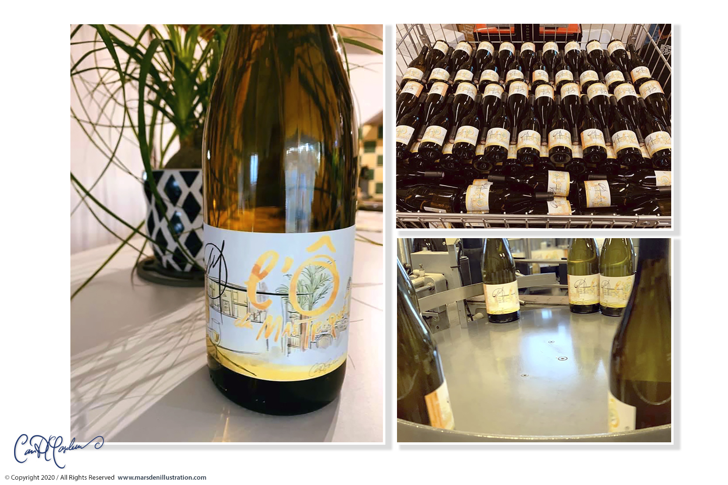 Montage avec bouteille de vin blanc portant une étiquette illustrée, paniers de bouteilles étiquetées et ligne de production.
