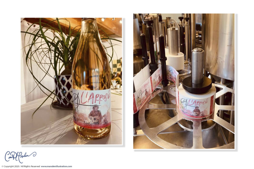 Montage montrant une bouteille de rosé L’Arrosé avec son étiquette illustrée, et la même étiquette en cours d’application sur une ligne de production.