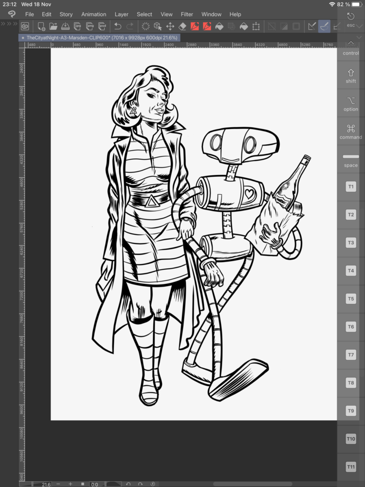 Digital Vector Line Art Drawing in Comic Style in Clip Studio Paint by Ian David Marsden - A woman and a robot holding a bottle of champagne going for a stroll in Paris