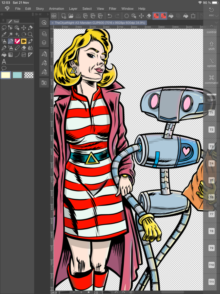 Coloring comic line art i in Clip Studio Paint by Ian David Marsden - A woman and a robot holding a bottle of champagne going for a stroll in Paris