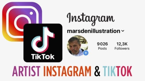 Instagram and TikTok icons, Instagram profile "marsdenillustration," 9026 posts, 12.3K followers.