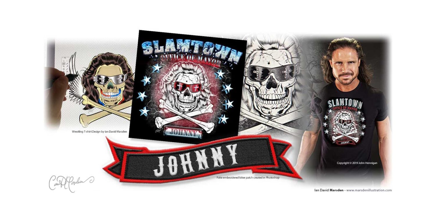 John Hennigan Mayor of Slamtown wrestling shirt showing illustration development and finished merchandise