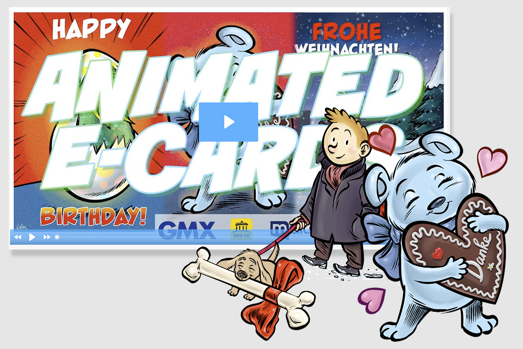 Animated eCards for GMX, WEB.DE and mail.com designed by Ian David Marsden – branded greeting card illustration with characters