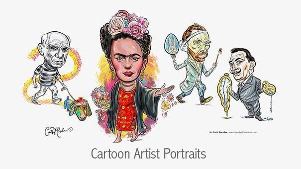 Cartoon portraits of four artists with playful, exaggerated elements and thematic motifs.