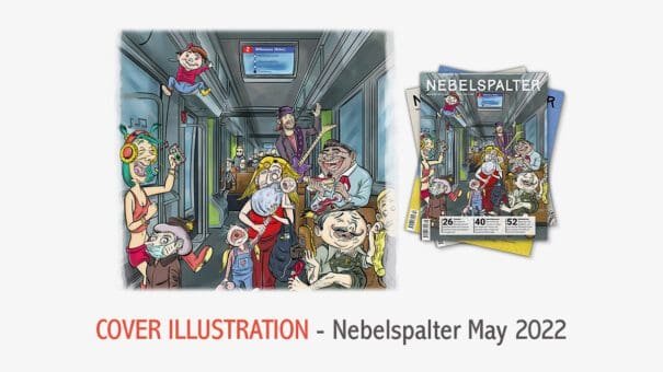 humorous train scene with lively animated characters.