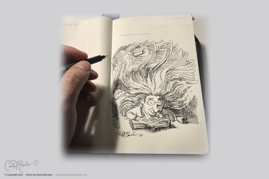 Pen sketch of a reader with open book as characters and wild illustrations erupt from his head.