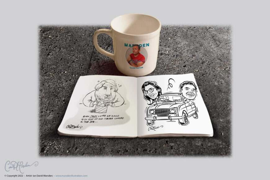 Open sketchbook showing black ink character sketches beside a coffee mug with a red apple on it.
